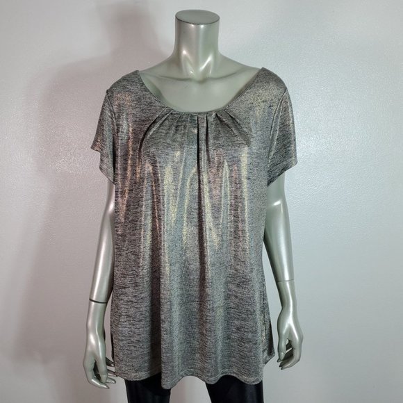 Worthington Top Plus Size 2X Gold Shimmer Metallic Stretch Casual Pullover Gray - Picture 2 of 5